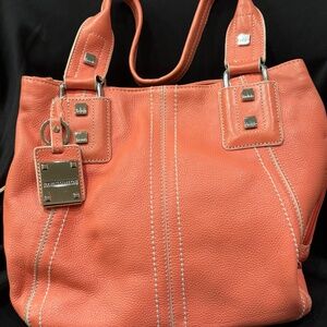 Tignanello Pebbled Leather Satchel Tote – Coral/Salmon